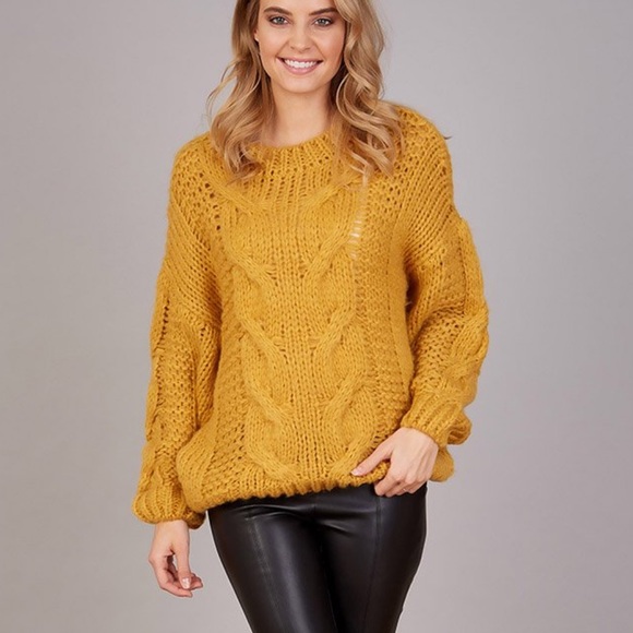 Leona Off Shoulder Knit Pullover With Folded Collar, Chic Chunky Rib Knit, Voluminous Sleeves For Women
